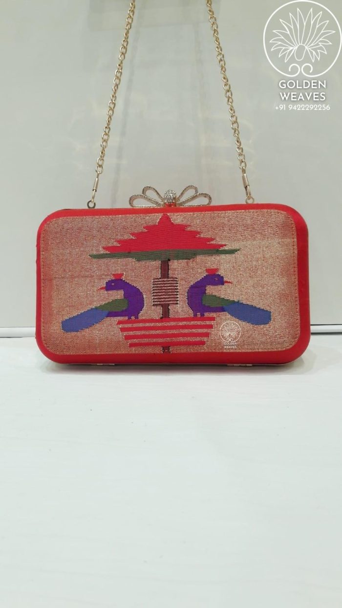Pure Handloom Paithani Metal Frame Clutch With Peacock Design Alongwith Metal Sling