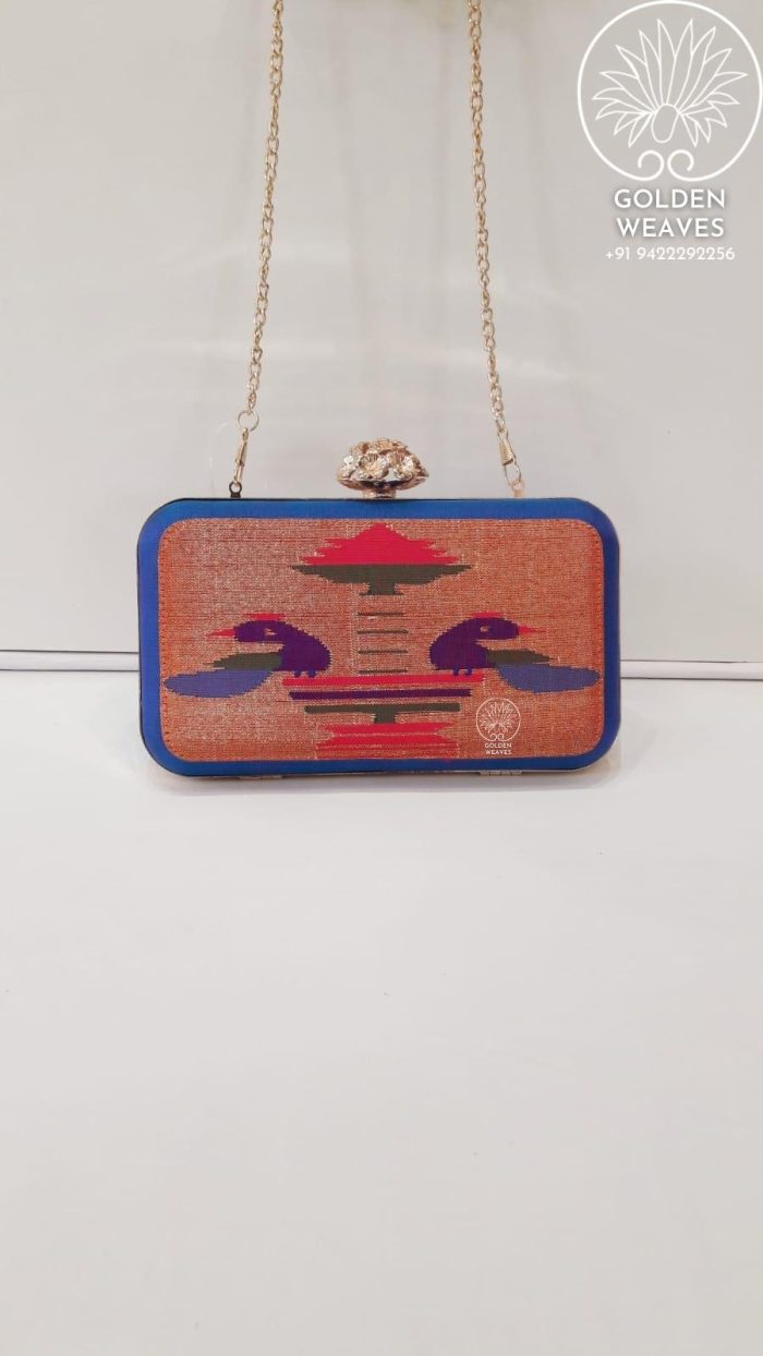Pure Handloom Paithani Metal Frame Clutch With Peacock Design Alongwith Metal Sling