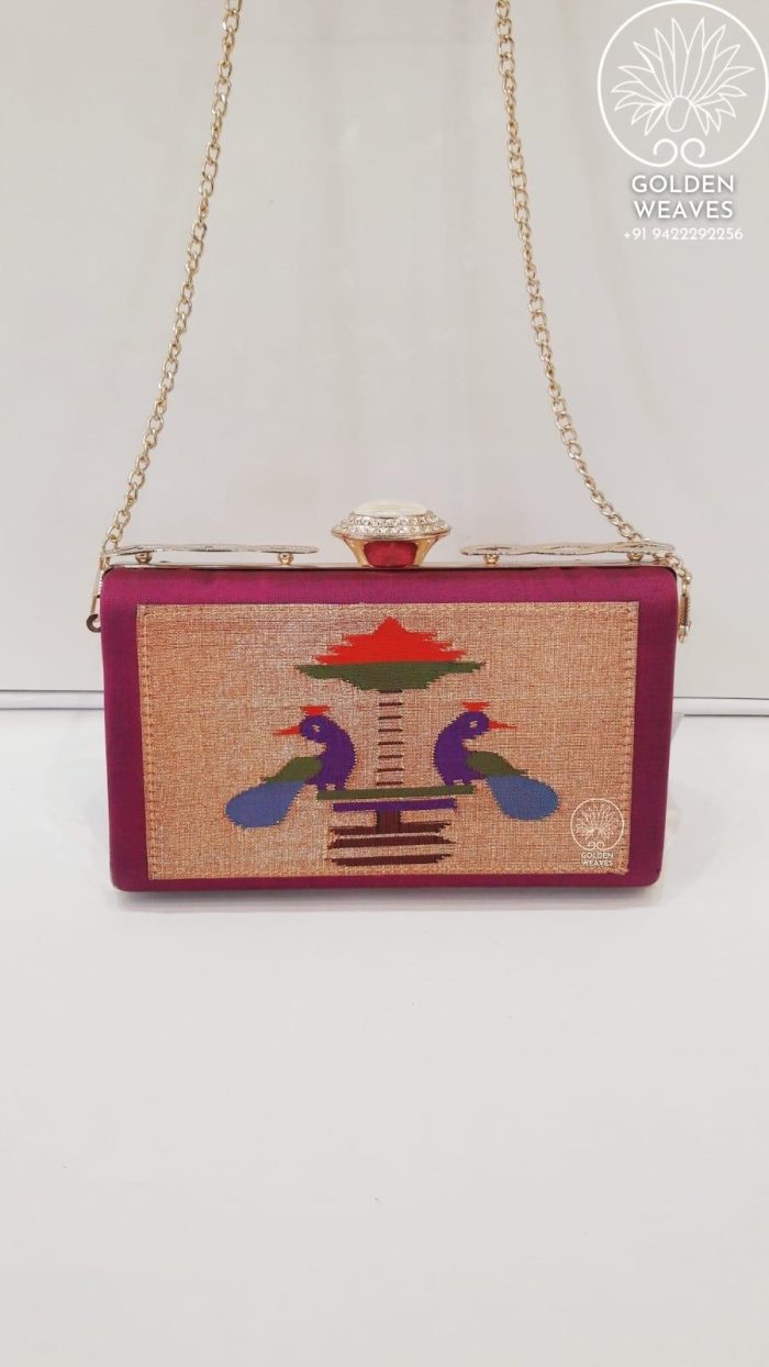 Pure Handloom Paithani Metal Frame Clutch With Peacock Design Alongwith Metal Sling