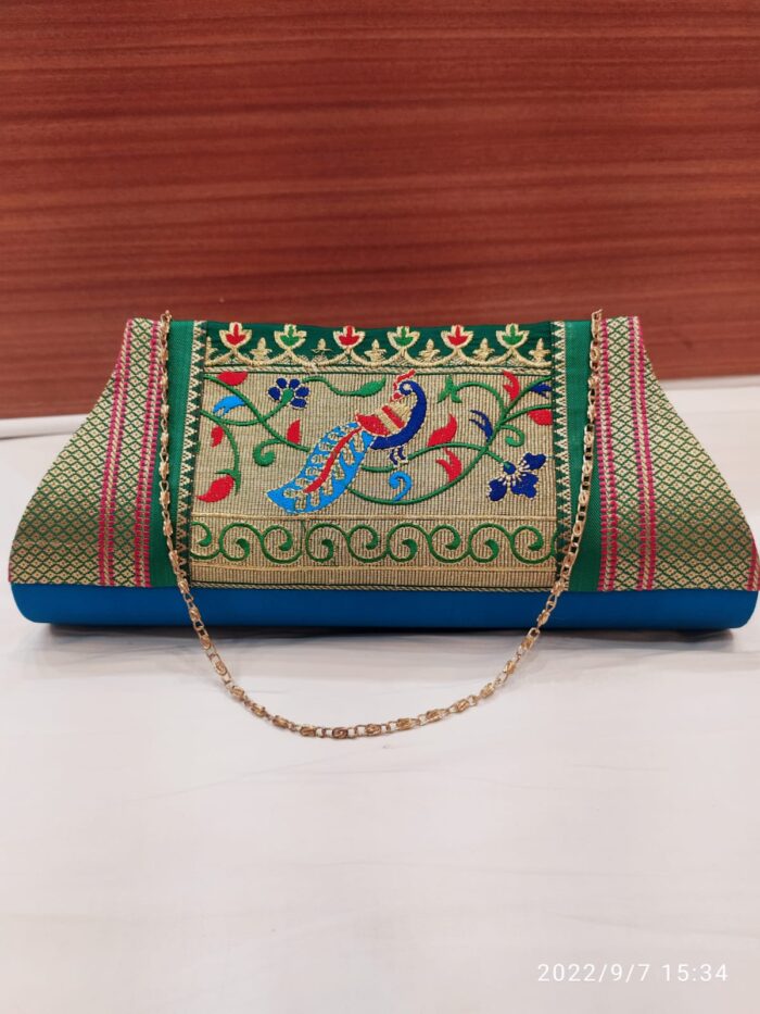 Semi Paithani Clutch With Beautiful Peacock Design