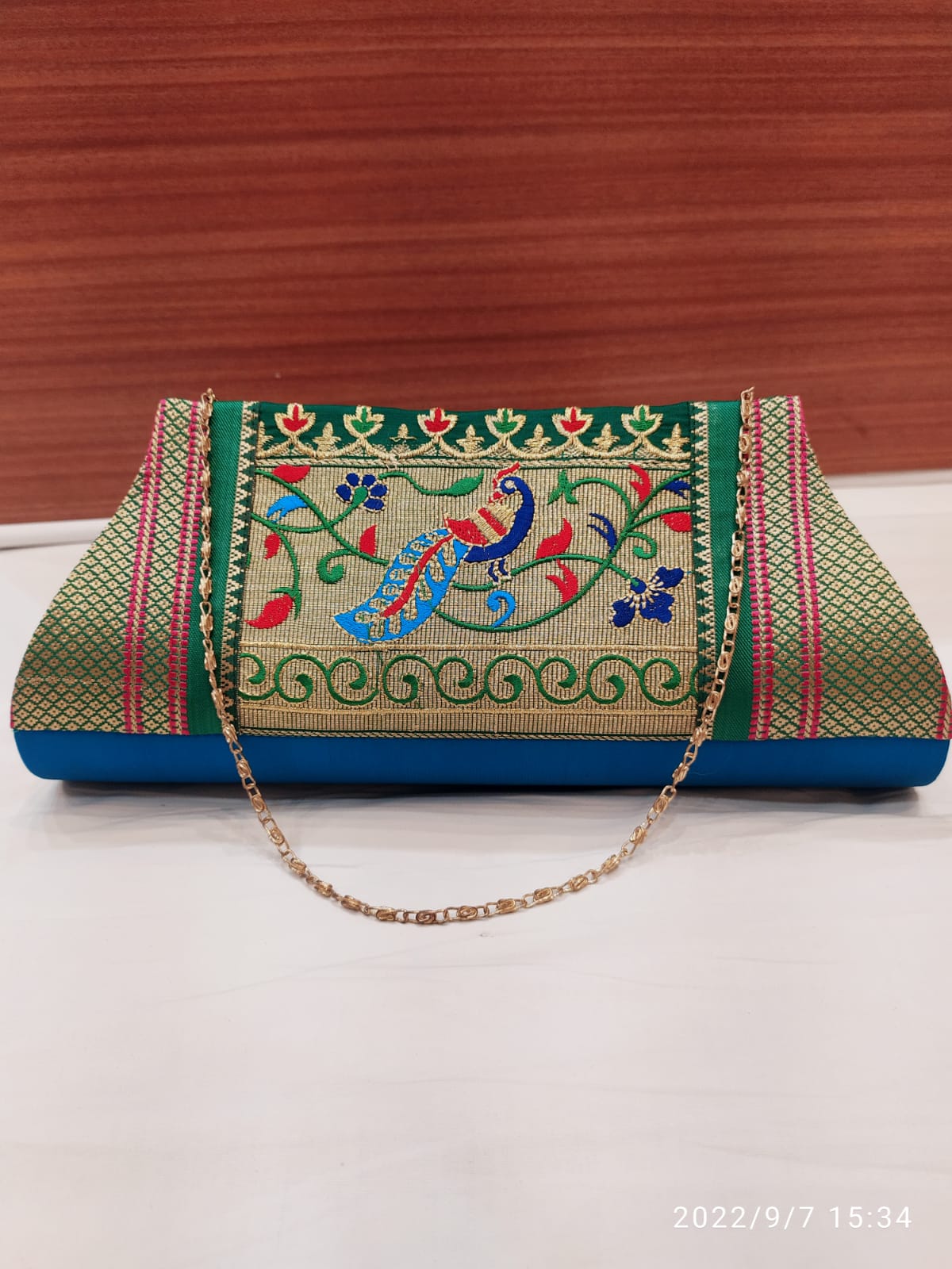 Semi Paithani Clutch With Beautiful Peacock Design 1