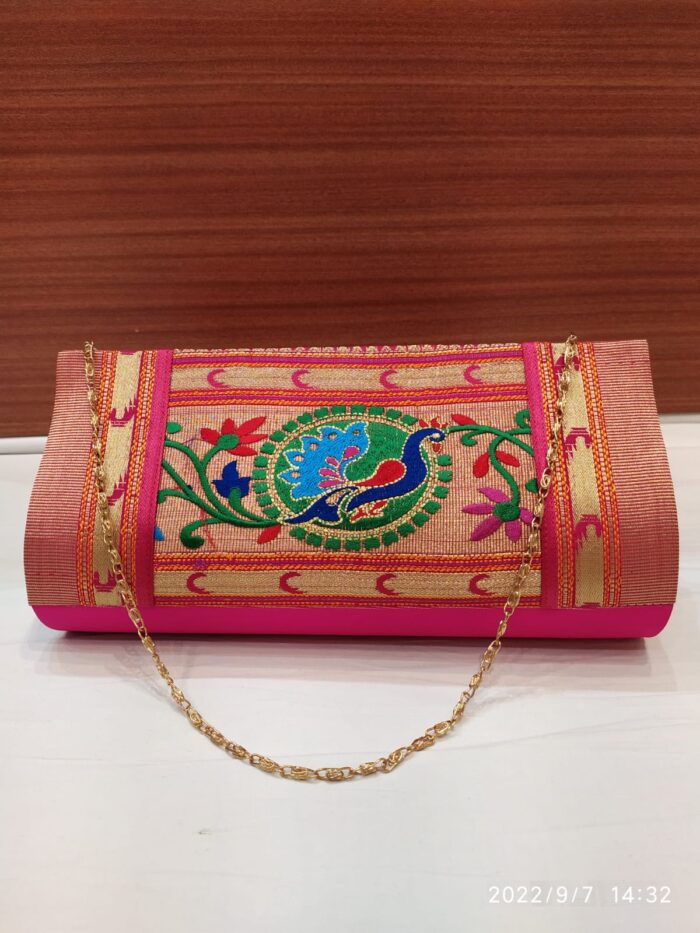 Semi Paithani Clutch With Beautiful Peacock Design