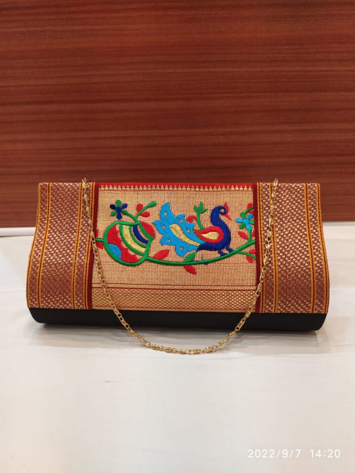Semi Paithani Clutch With Beautiful Peacock Design