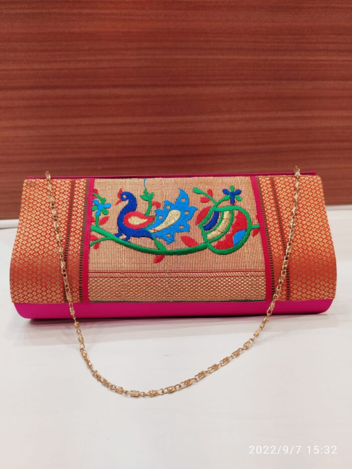 Semi Paithani Clutch With Beautiful Peacock Design