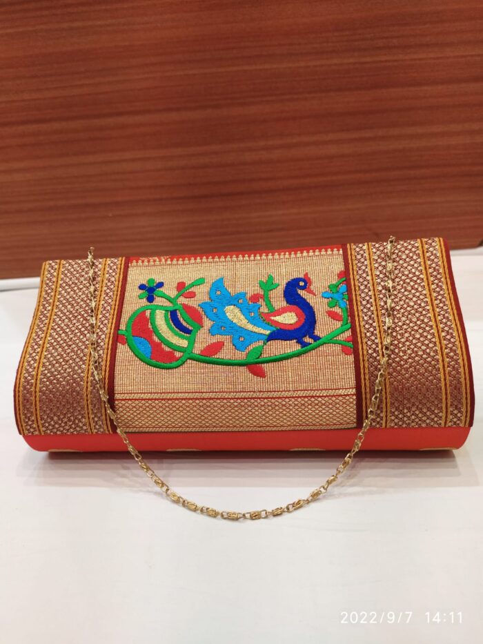 Semi Paithani Clutch With Beautiful Peacock Design