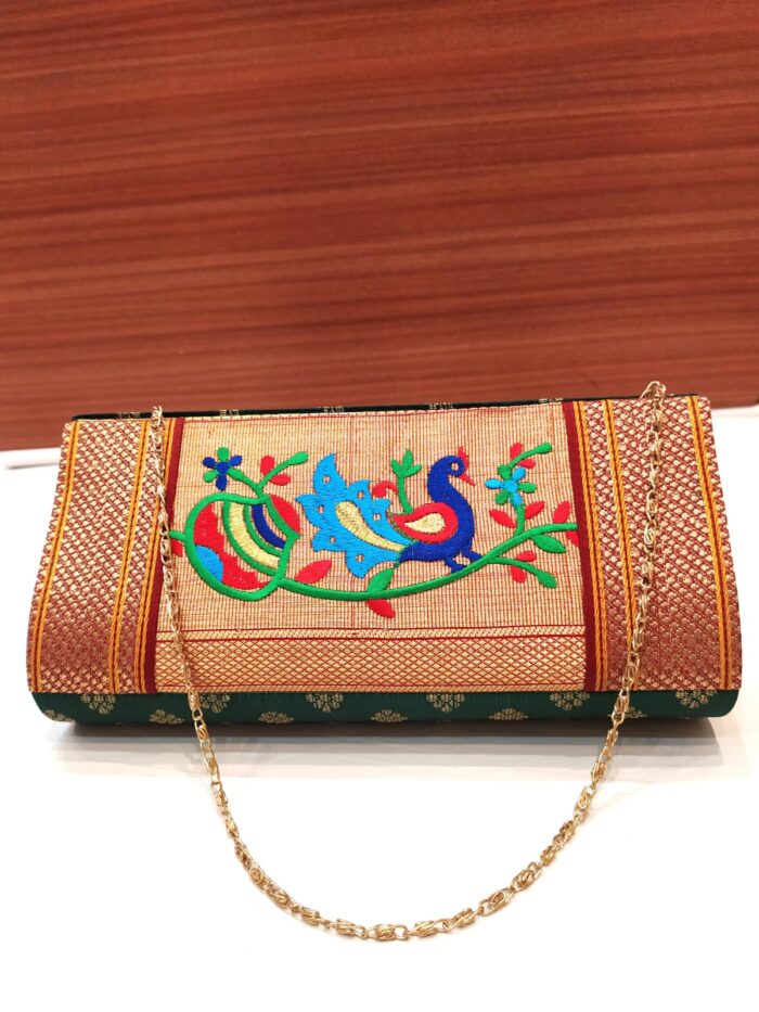 Semi Paithani Clutch With Beautiful Peacock Design
