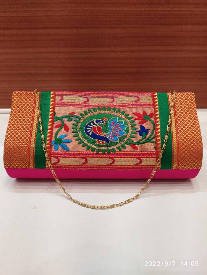 Semi Paithani Clutch With Beautiful Peacock Design