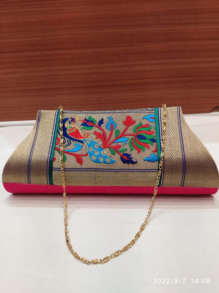 Semi Paithani Clutch With Beautiful Peacock Design