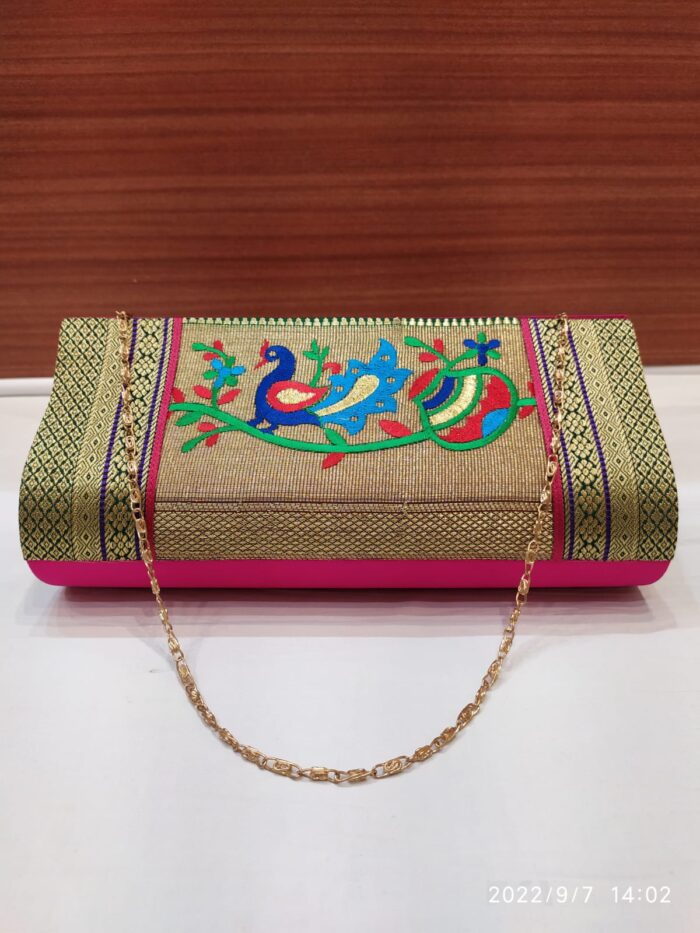 Semi Paithani Clutch With Beautiful Peacock Design