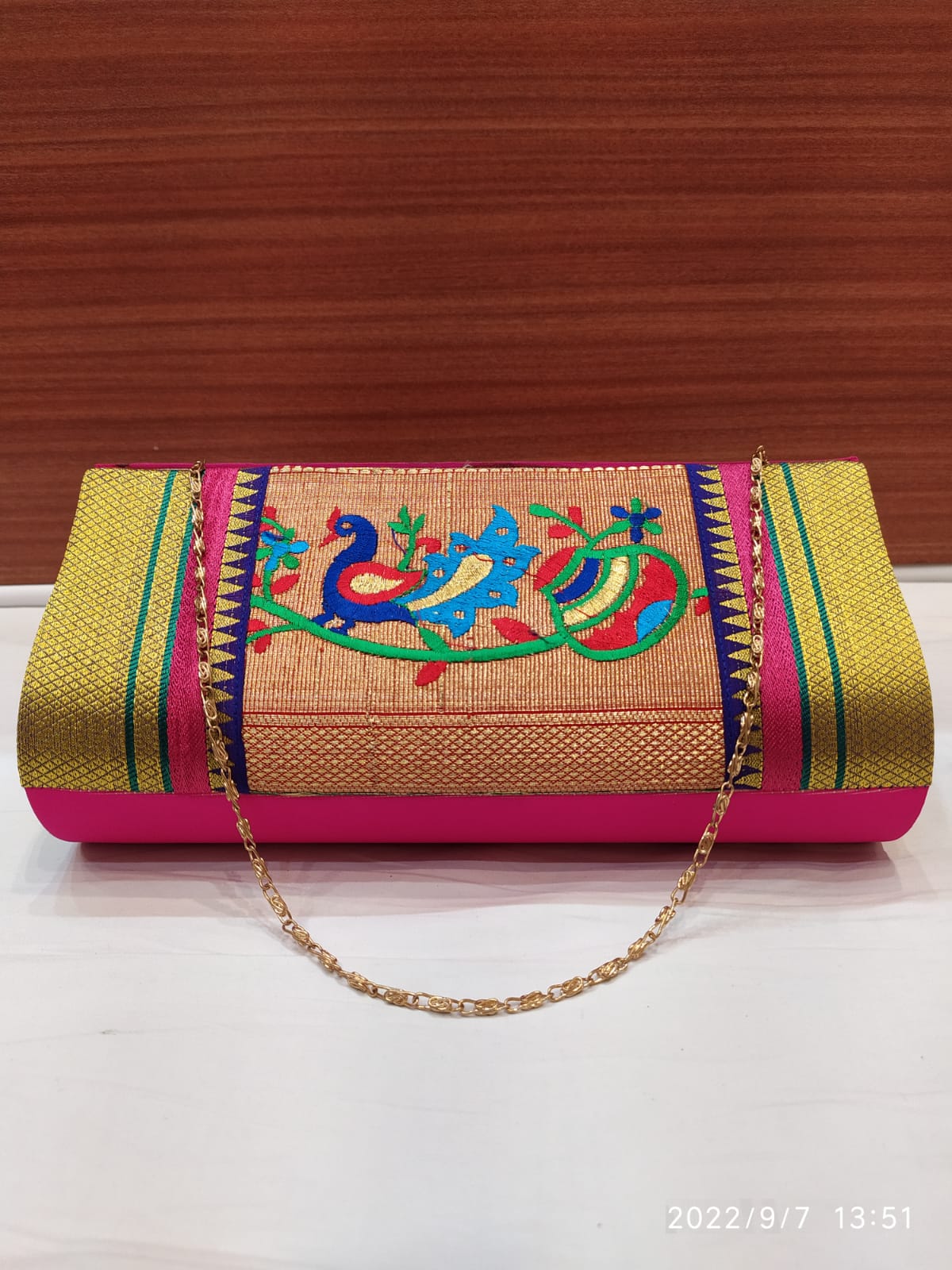 Burgundy Peacock Maharani brass clutch bag