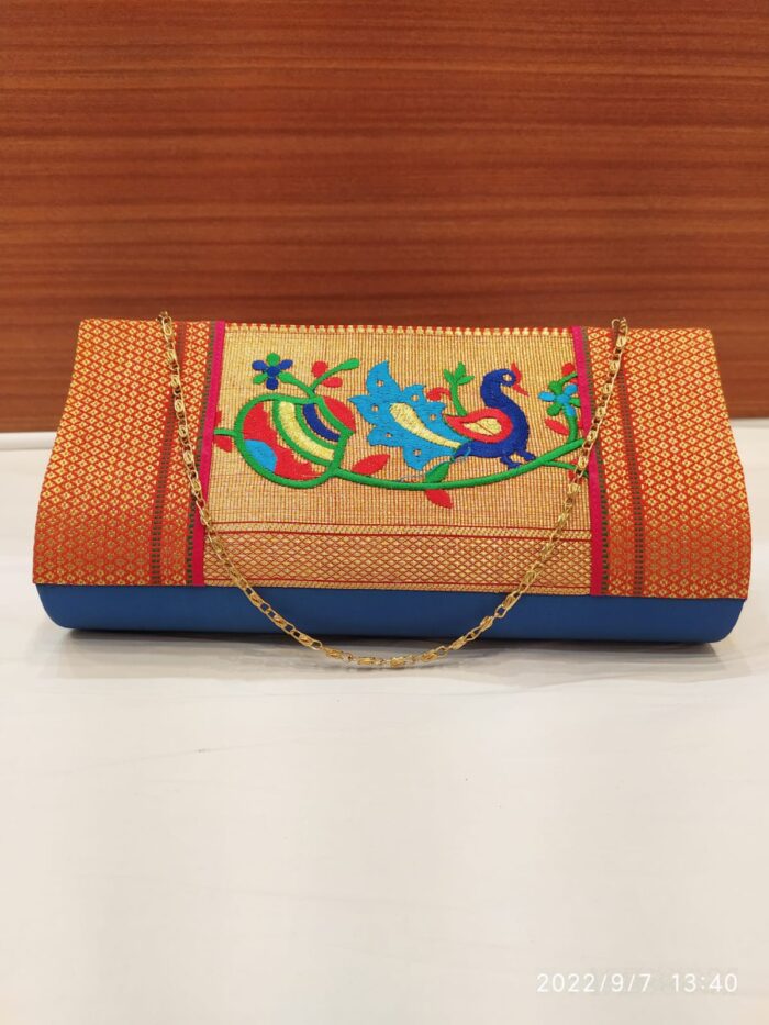 Semi Paithani Clutch With Beautiful Peacock Design