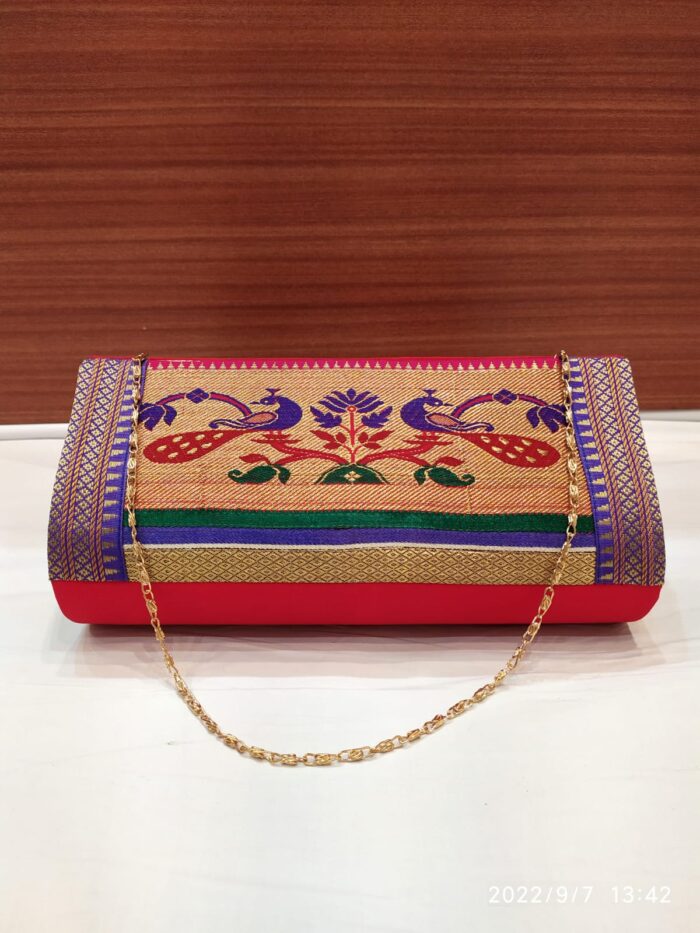 Semi Paithani Clutch With Beautiful Peacock Design