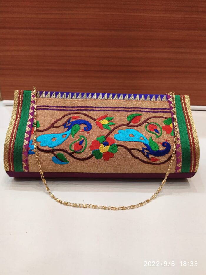 Semi Paithani Clutch With Beautiful Peacock Design