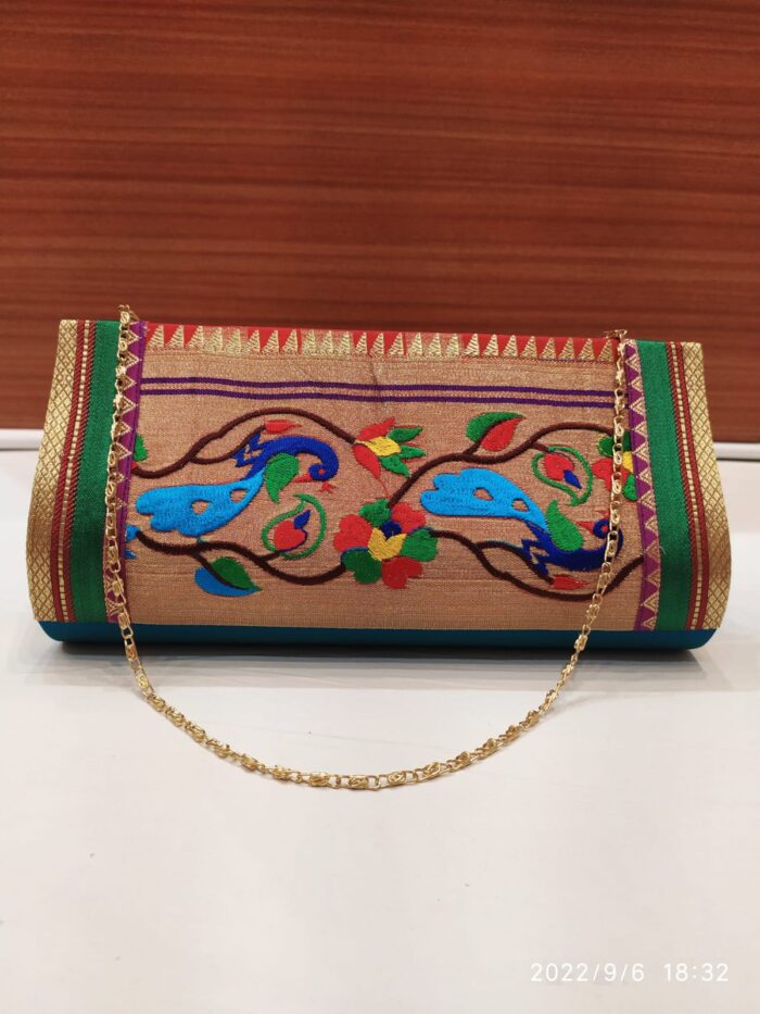 Semi Paithani Clutch With Beautiful Peacock Design