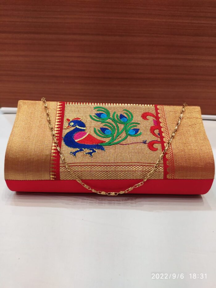 Semi Paithani Clutch With Beautiful Peacock Design