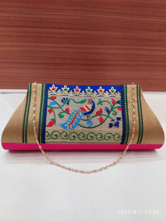 Semi Paithani Clutch With Beautiful Peacock Design