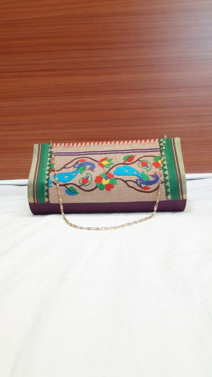 Semi Paithani Clutch With Beautiful Peacock Design