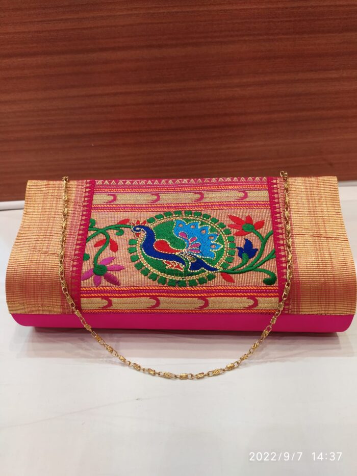 Semi Paithani Clutch With Beautiful Peacock Design
