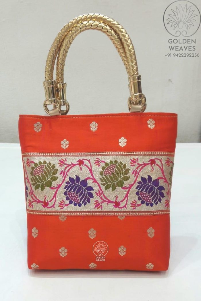 Semi Paithani Double Handle Purses in Square Shape