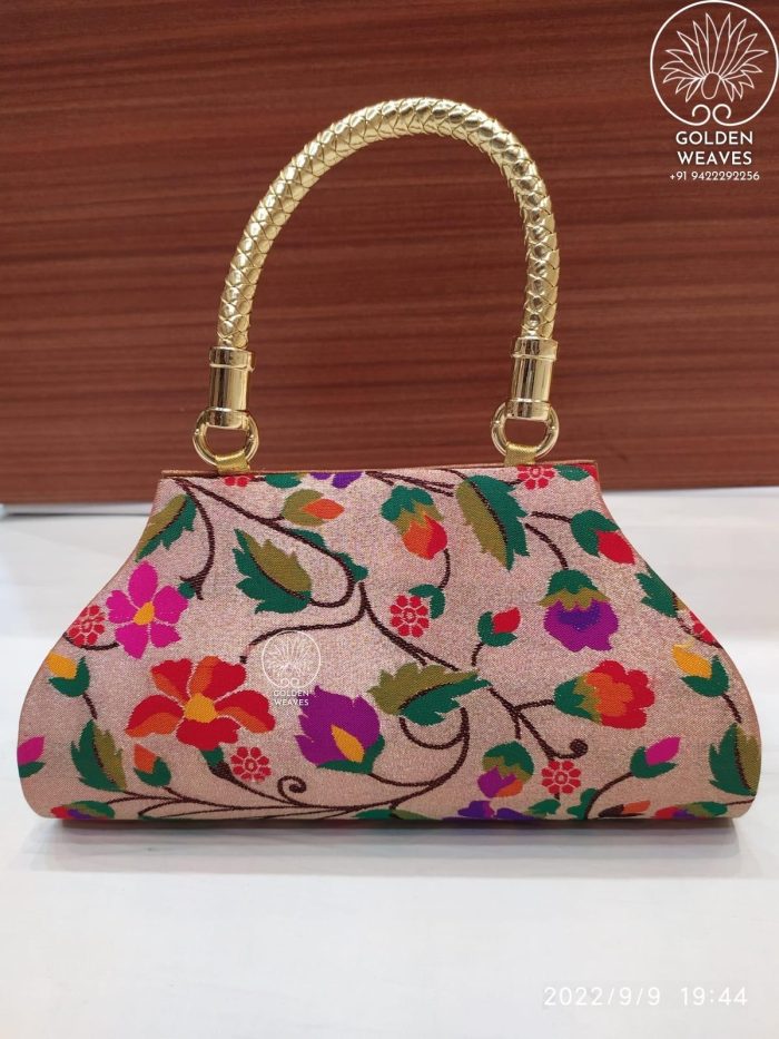 All Over Paithani Design Single Handle Purse in Jari Fabric With Flowral Weaving