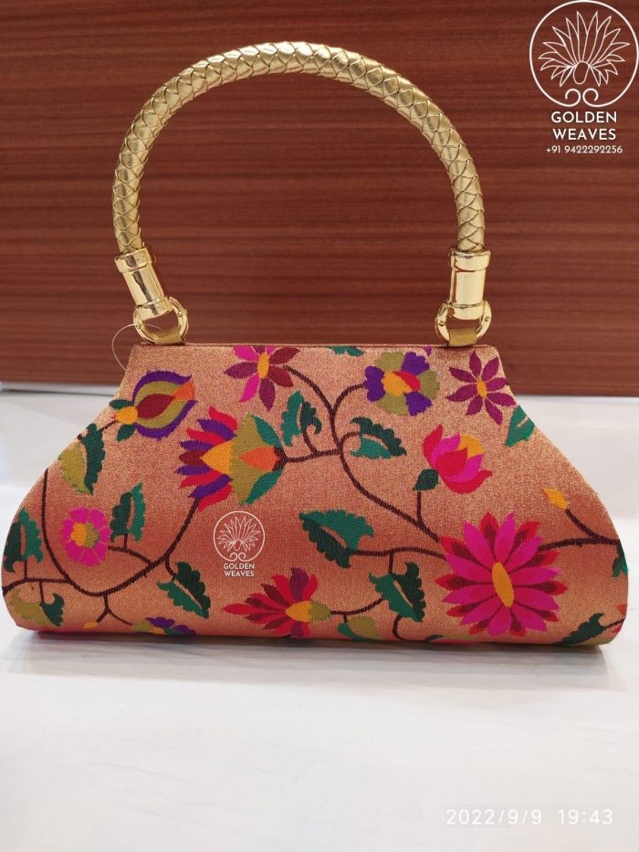 All Over Paithani Design Single Handle Purse in Jari Fabric With Flowral Weaving