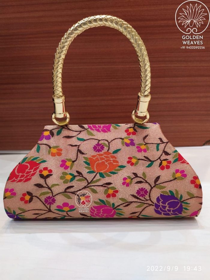 All Over Paithani Design Single Handle Purse in Jari Fabric With Flowral Weaving