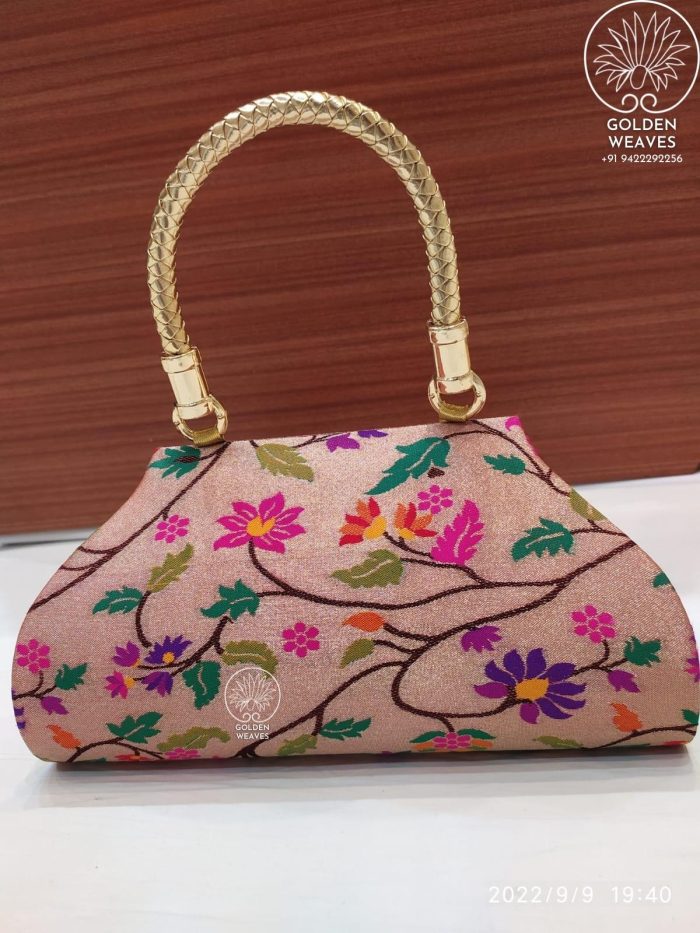 All Over Paithani Design Single Handle Purse in Jari Fabric With Flowral Weaving