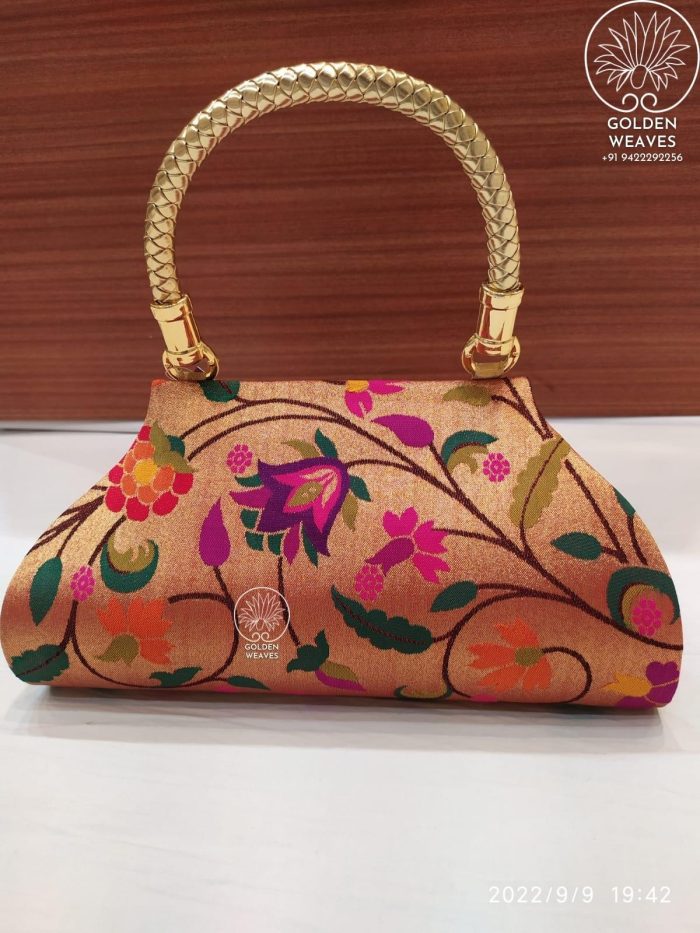All Over Paithani Design Single Handle Purse in Jari Fabric With Flowral Weaving