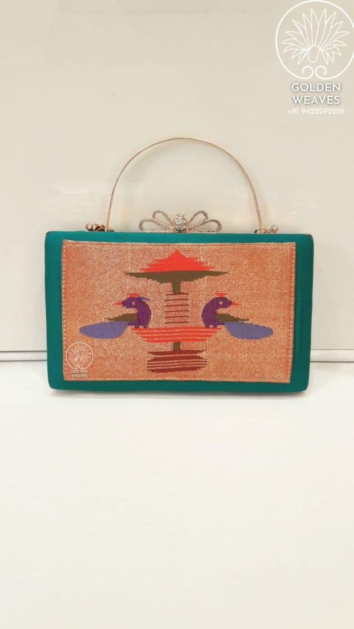 Pure Handloom Paithani Metal Frame Clutch With Peacock Design Alongwith Metal Sling & Metal Handle
