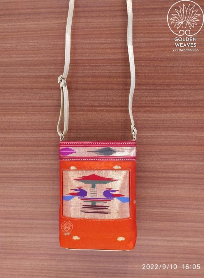 Pure Silk Handmade Paithani Sling Bag in Orange Color