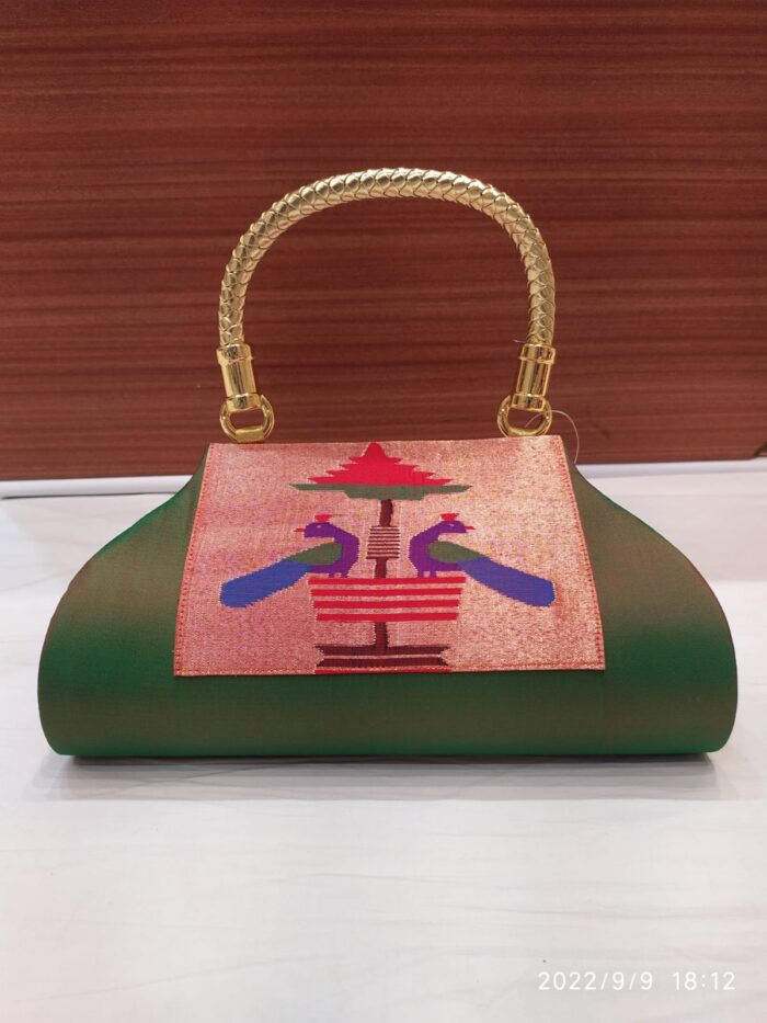 Pure Silk Single Handle Handloom Purse With Peacock Design