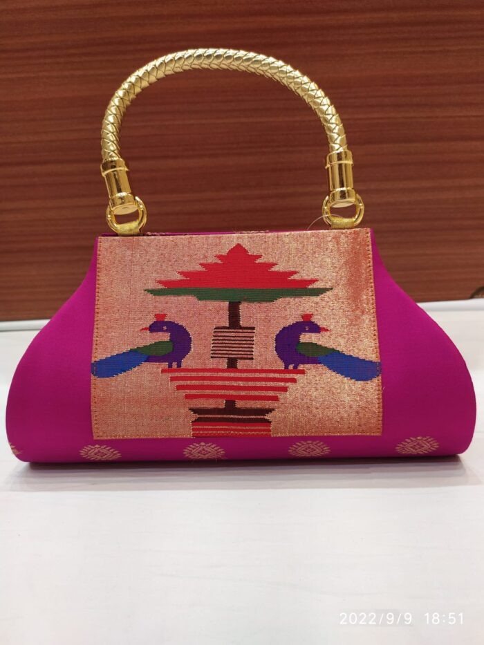 Pure Silk Single Handle Handloom Purse With Peacock Design