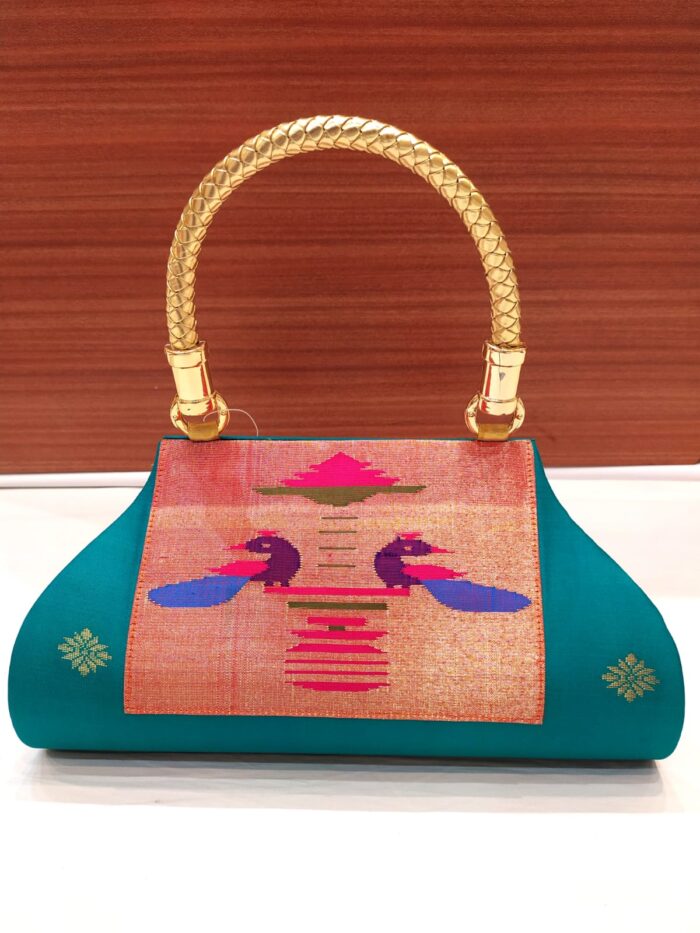 Pure Silk Single Handle Handloom Purse With Peacock Design