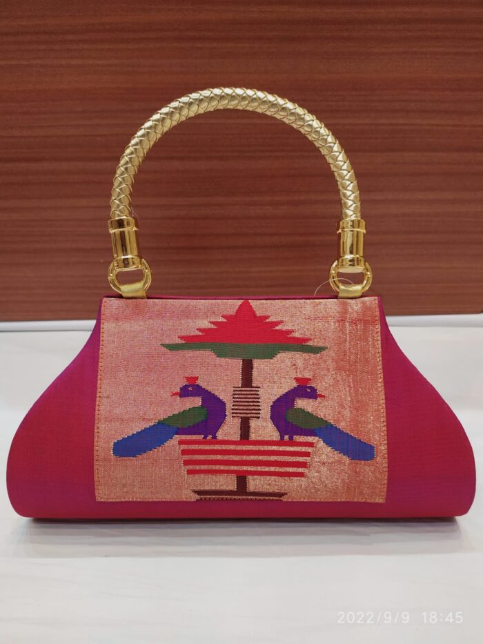 Pure Silk Single Handle Handloom Purse With Peacock Design