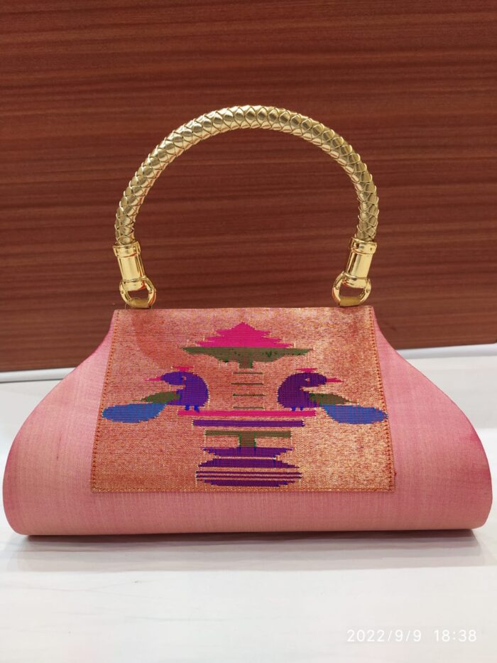 Pure Silk Single Handle Handloom Purse With Peacock Design