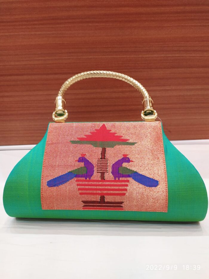 Pure Silk Single Handle Handloom Purse With Peacock Design