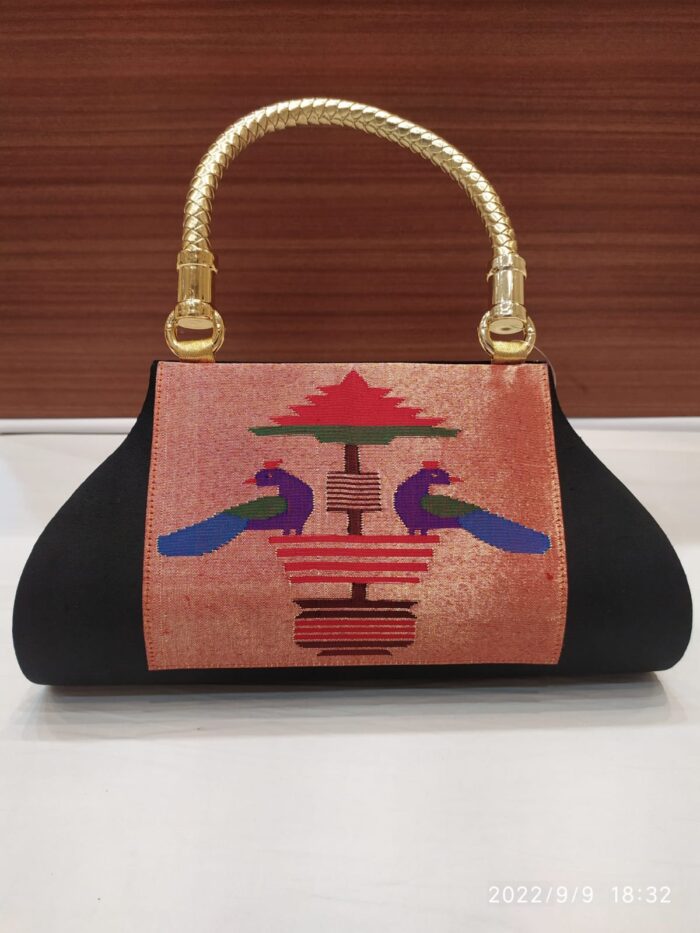 Pure Silk Single Handle Handloom Purse With Peacock Design