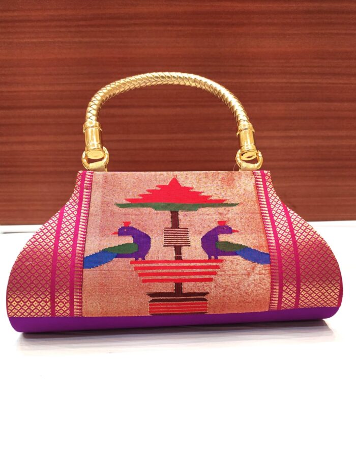 Pure Silk Single Handle Handloom Purse With Peacock Design
