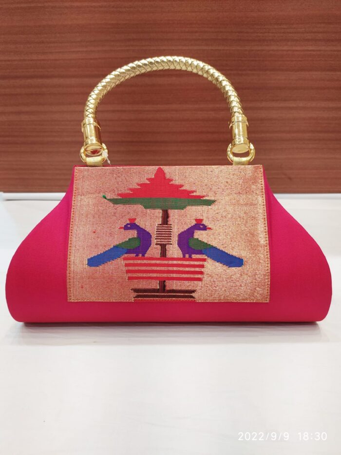 Pure Silk Single Handle Handloom Purse With Peacock Design