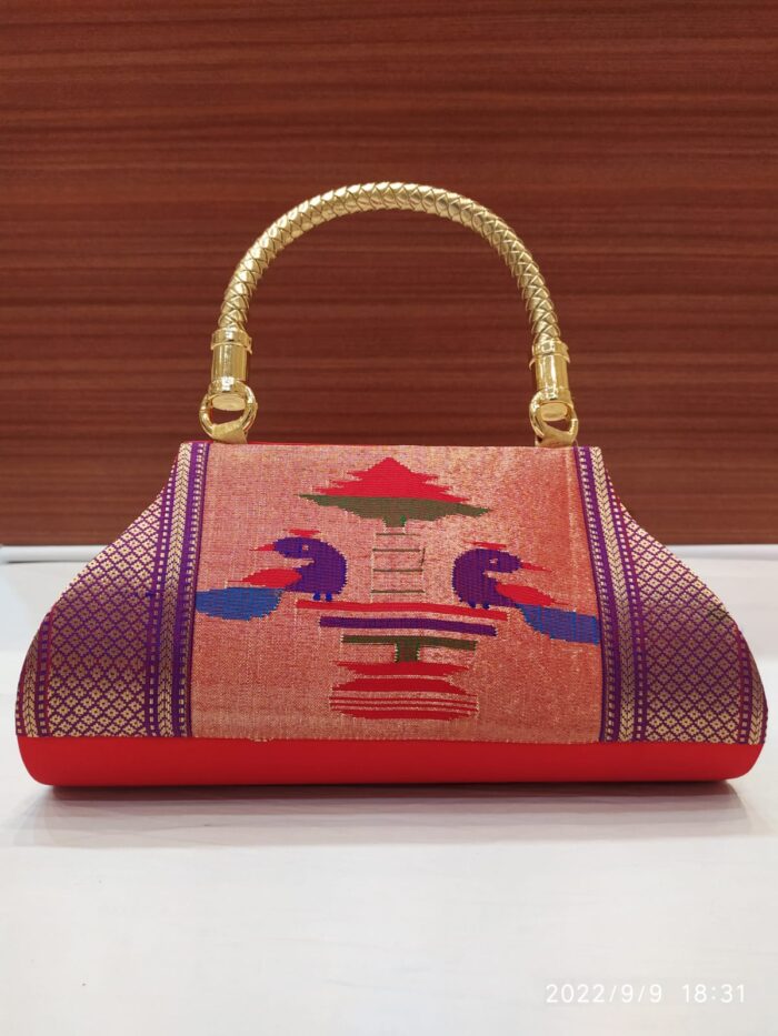 Pure Silk Single Handle Handloom Purse With Peacock Design