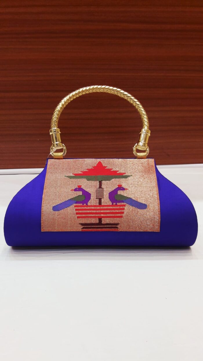 Pure Silk Single Handle Handloom Purse With Peacock Design