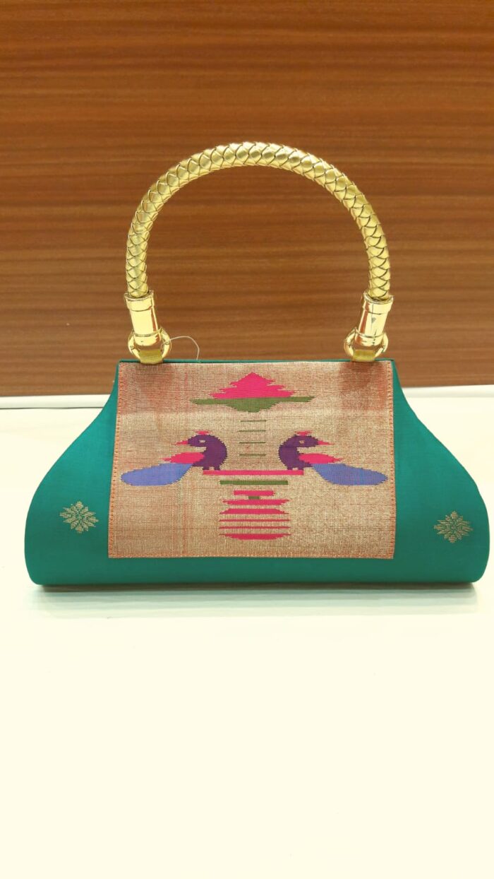 Pure Silk Single Handle Handloom Purse With Peacock Design