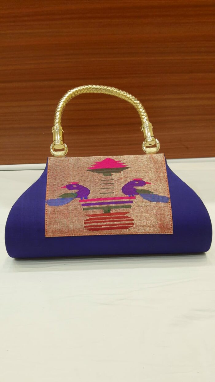 Pure Silk Single Handle Handloom Purse With Peacock Design