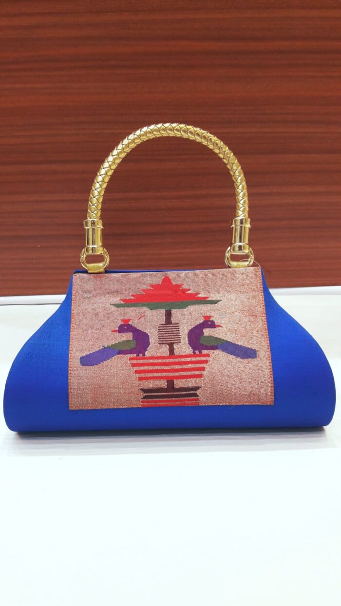 Pure Silk Single Handle Handloom Purse With Peacock Design