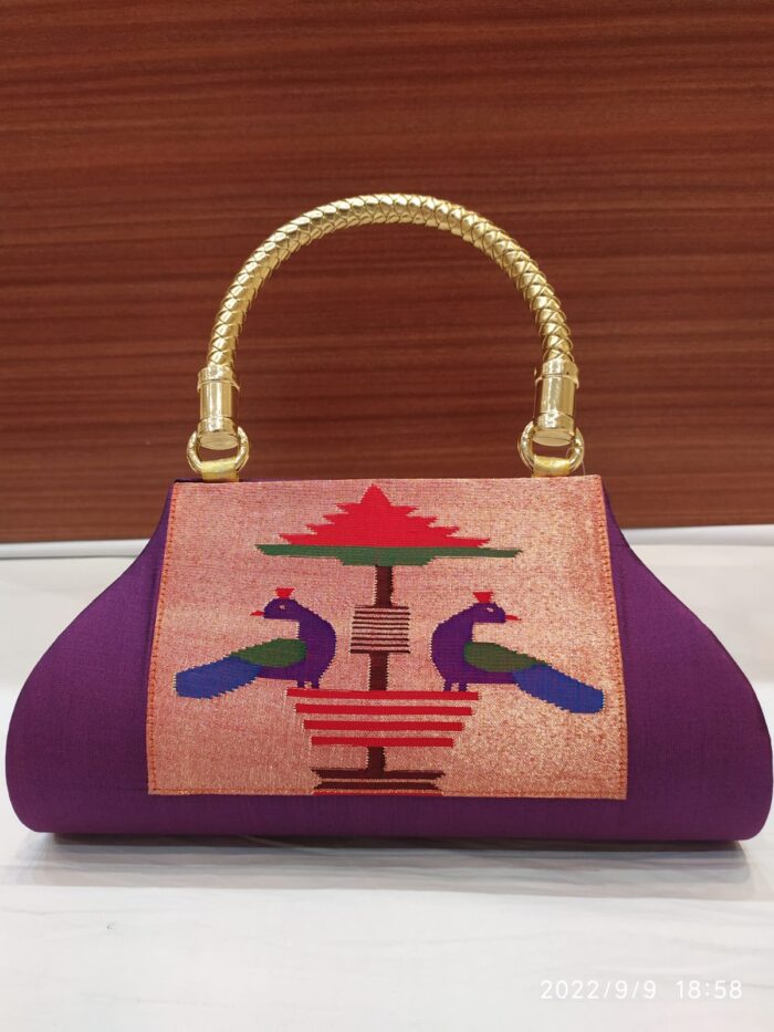 Pure Silk Single Handle Handloom Purse With Peacock Design