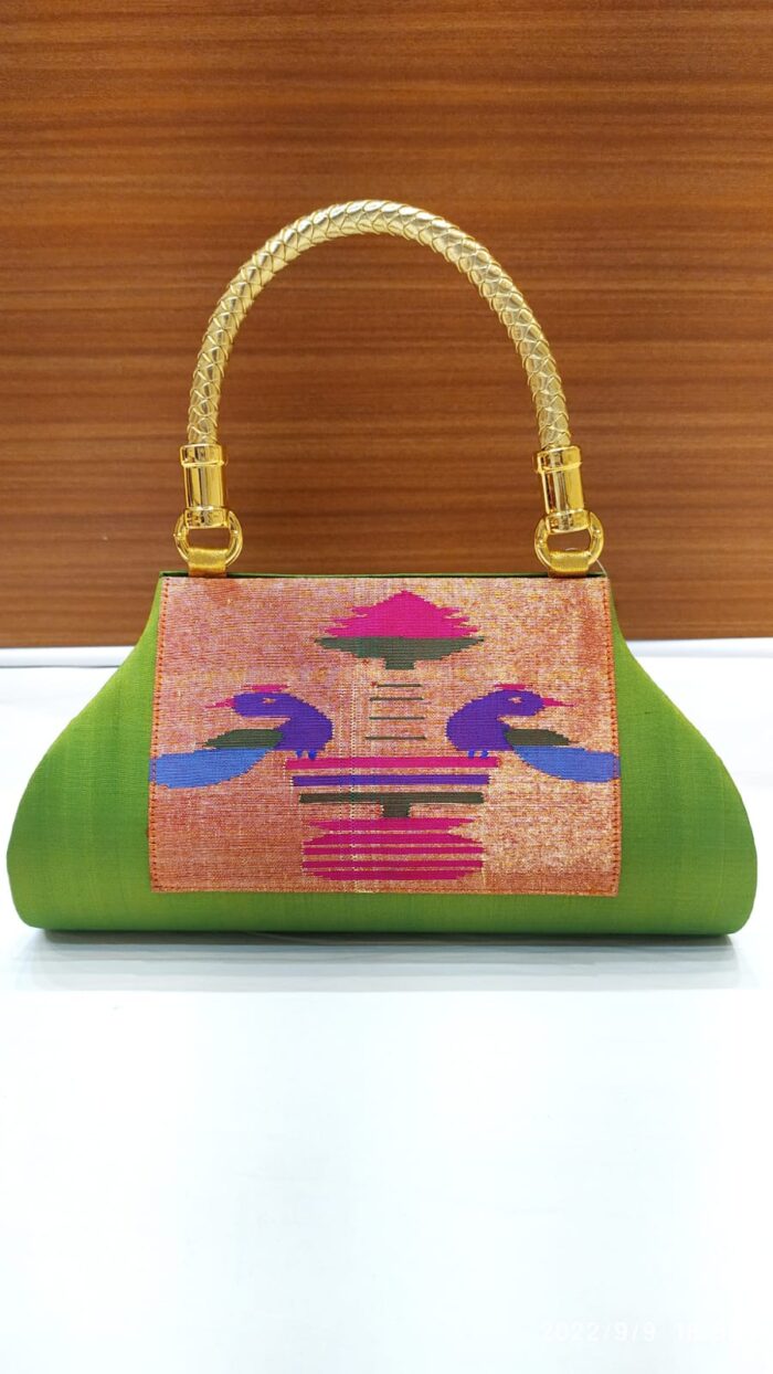 Pure Silk Single Handle Handloom Purse With Peacock Design