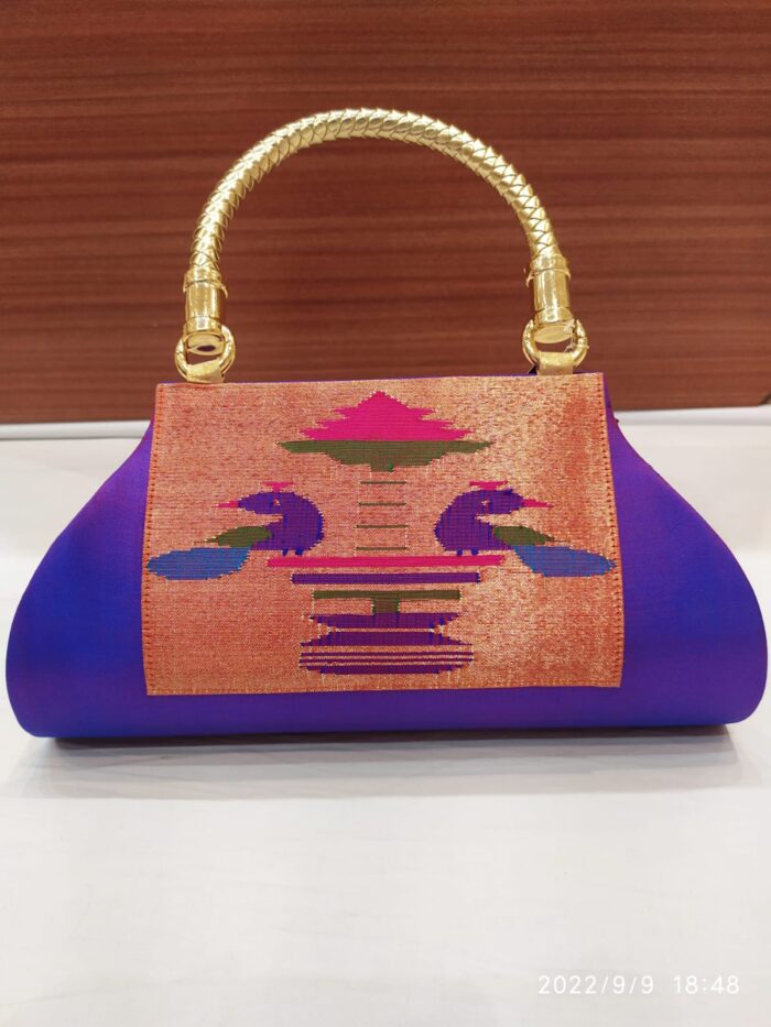 Pure Silk Single Handle Handloom Purse With Peacock Design